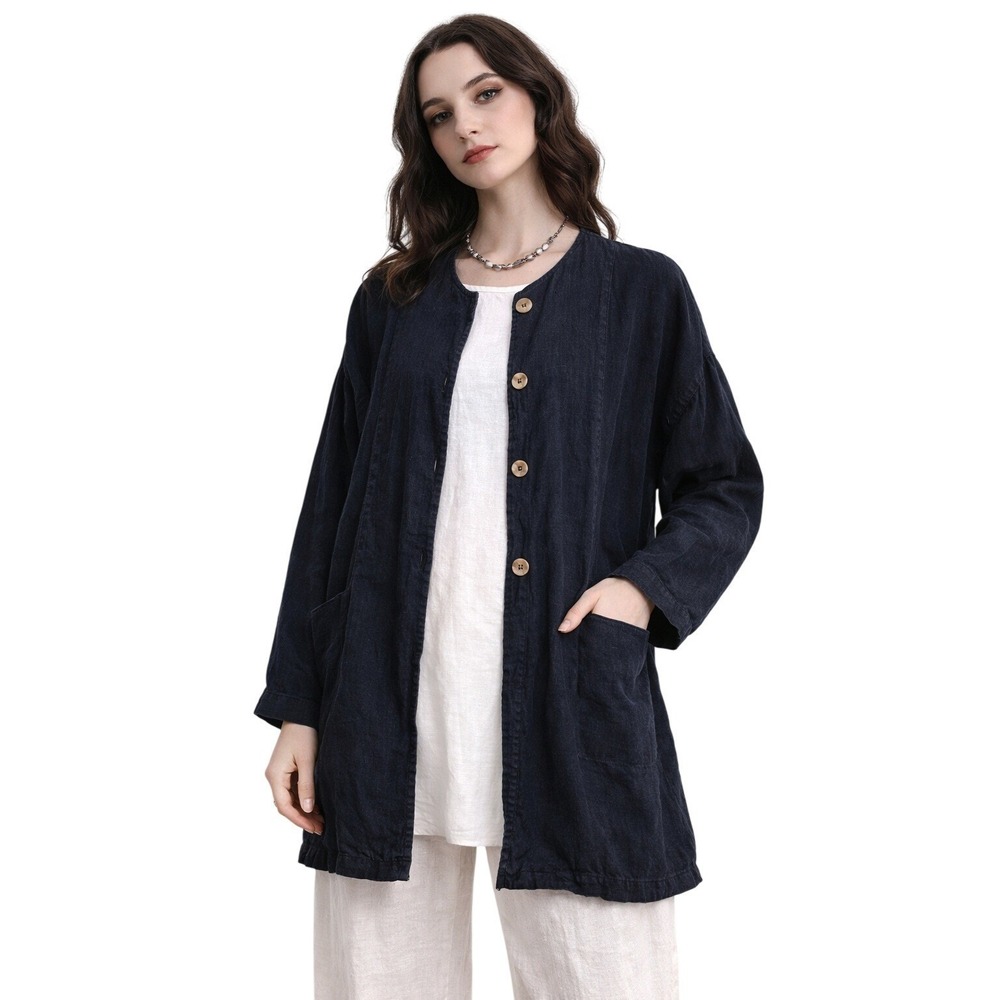 GERTIES Navy Ink Linen Jacket Minimalist Made USA Artsy Layer Lagenlook OS‎